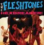"The Fleshtones", "Hexbreaker!" in blauen und roten Buchstaben. Bandmitglieder mit Instrumenten vor hellem Hintergrund.