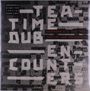 Große weiße Buchstaben bilden den Text "TEA TIME DUB ENCOUNTERS". Hintergrund mit kleinem Text in Grautönen.