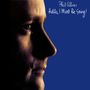 „Phil Collins, Hello, I Must Be Going!“ Weißer Text auf blauem Hintergrund neben einem Gesicht im Profil.