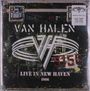 "Van Halen", "5150", "LIVE IN NEW HAVEN 1986". Schwarz-weiße Grafik mit prominentem Bandlogo und Metallkisten-Optik.