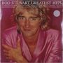 "Rod Stewart Greatest Hits" steht oben. Eine Person in pinkem Satinanzug lächelt und kreuzt die Arme vor der Brust.