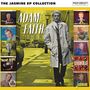 "The Jasmine EP Collection" und "Adam Faith" Text. Mann im Trenchcoat in Stadt, umgeben von Retro-Alben-Covern.