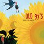 "OLD 97'S blame it on gravity" in roter und schwarzer Schrift auf Sonnenblumenhintergrund, Illustration mit Vogel und Figur.