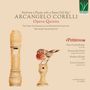 "Arcangelo Corelli: Opera Quinta. Sinfonie für Flöte. Ein Rotkehlchen sitzt auf einer hölzernen Flöte."