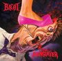 Text: "BRAT" und "Manslayer". 
Illustration: Rosa High Heel auf verzerrtem Männergesicht, stilisierte Gewalt.