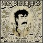 "Nick Shoulders, Refugia Blues" - Illustration eines bärtigen Mannes mit geschlossenen Augen, umgeben von Pflanzen und Symbolen.
