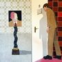 Fünf, Mann in braunem Anzug beugt sich vor einer Tür, abstrakte Kunst, schlangenförmiger Sockel mit Porträt.