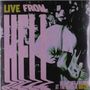 "Live from Hell" in großen, auffälligen Buchstaben, Konzertszene mit Person, die Gitarre spielt.