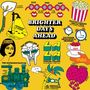 "BRIGHTER DAYS AHEAD" in schwarzer Schrift. Bunte Illustrationen: Masken, Zug, Popcorn, große Worte, Herzen.