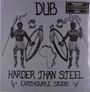 „DUB HARDER THAN STEEL EARTHQUAKE STUDIO“ steht groß. Illustration: Zwei Krieger, Schilde und Speere, Afrika-Kontinent.