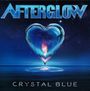 Oben steht "AFTERGLOW" in großen Buchstaben, unten "CRYSTAL BLUE". Eine Illustration zeigt ein Herz aus Glas mit Flamme.