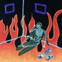 Ein Skelett sitzt in einer Ecke vor Flammen mit blauen und violetten Rechtecken an der Wand. Vor ihm liegen Tabletts.