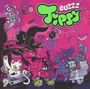 "BUZZZ TIPSY" in grün; bunte, verspielte Illustrationen mit surrealen Figuren und Musikinstrumenten.