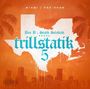 Text: "Miami | Dec 2025", "Bun B & Statik Selektah", "trillstatik 5". Orange Hintergrund, Stadt-Silhouette, Texas-Umriss.