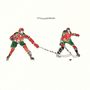 Text: "STREETSWEEPER". Zwei Eishockeyspieler mit grüner und roter Ausrüstung in einer dynamischen Illustration.
