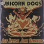 „Unicorn Dogs“ und „Age Typical Junk Behavior“. Cartoonartige Szene mit Fabelwesen und einem feuerspeienden Dämon.