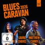 "Blues Caravan 2026" in großen, orangefarbenen Buchstaben. Darunter Fotos von drei Musikern. Links steht "FSK ab 0 freigegeben".