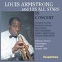 "LOUIS ARMSTRONG and HIS ALL STARS IN CONCERT" mit Bild eines Trompeters in weißem Anzug, Text mit Auftrittsort und Datum.