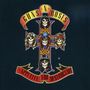 "Appetite for Destruction", "Guns N' Roses". Ein Kreuz mit fünf Totenköpfen, jeder trägt eine andere Frisur oder Hut.