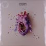 "erasure TOMORROW'S WORLD." Ein Herz aus rosa und violetten Blumen und Blättern, umgeben von bunten Schmetterlingen.