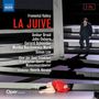 Titel: "LA JUIVE". Künstler: Ambur Braid, John Osborn. Unten liegt eine Frau in Rot. Mensch rechts auf Stufen.