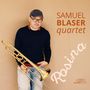 "Samuel Blaser Quartet" und "Rosina" in braunem und weißem Text. Ein Mann mit Brille hält eine Posaune.