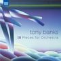 "Tony Banks: 18 Pieces for Orchestra". Illustration mit bunten Bändern und pastellfarbenen, wellenförmigen Formen.
