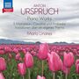 "Anton Urspruch: Piano Works" und "María Linares". Ein Feld voller rosa Tulpen vor einer Berglandschaft.