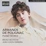 "Armande de Polignac: Piano Works. Bruno Belthoise, João Costa Ferreira." Gemälde einer Frau mit lockigem Haar in Weiß.