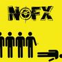 Der Text "NOFX" in abgenutztem Stil. Darunter vier stehende Figuren und eine liegende auf gelbem Hintergrund.
