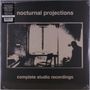 „nocturnal projections“ oben, „complete studio recordings“ unten. Silhouette einer Person in einem Raum mit Tisch und Stuhl.