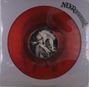 Text: NEKRomantik. Eine rote Vinyl-Schallplatte mit einem Schwarz-Weiß-Foto in der Mitte, zeigt eine Umarmung.