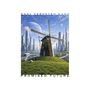 "Carl Verheyen Band Promised Future": Alte Windmühle auf grüner Wiese, futuristische Stadt im Hintergrund, zwei Monde am Himmel.