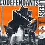 "CODEFENDANTS LIFERS" über Schaufelnden Gestalten, orange-schwarz, Totenkopf und "CRIME WAVE" auf Collage.