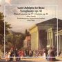 Texte: "Luise Adolpha Le Beau", "Symphony op. 41", "Piano Concerto op. 37", "Overture op. 23". Illustration einer klassischen Szene mit Menschen und klassischer Architektur.