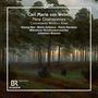 Aufschrift über Musik von Carl Maria von Weber. Waldlandschaft mit dichtem Baumbestand und Sonnenuntergang im Hintergrund.