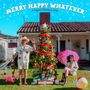 Oben steht: "MERRY HAPPY WHATEVER" und "5 original Christmas songs". Zwei Personen vor einem geschmückten Weihnachtsbaum.