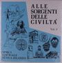 Oben rechts: "ALLE SORGENTI DELLE CIVILTA' Vol. 3°". Unten links: "AFRICA AUSTRALIA NUOVA ZELANDA". Illustrationen von historischen Symbolen und Bauwerken vor blauem Hintergrund.