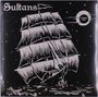 „Sultans“ oben links, „Colored Vinyl“ rechts in einem Kreis. Illustration eines Segelschiffs auf stürmischem Meer.