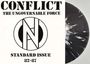 Text: "CONFLICT THE UNGOVERNABLE FORCE STANDARD ISSUE 82-87". Links ein Logo, rechts eine Schallplatte.
