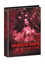 "Wrongful Death Double Feature" ist prominent in Rot und Schwarz. Illustration mit zwei blutbespritzten Personen und maskierter Figur.
