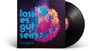 Der Text „lass es gut sein“ und „bongen’s“. Bunte Blüten auf schwarzem Hintergrund, daneben eine Schallplatte.