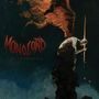 „Monolord“ und „Rusted End“. Dunkle, mystische Illustration mit Figur und Stab auf einem Felsen vor farbigem Himmel.