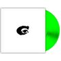 Ein schwarzes Auge auf weißem Hintergrund, daneben eine neon-grüne Schallplatte.