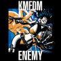 "KMFDM ENEMY" steht groß im Bild. Illustration einer Frau mit Waffe, kämpft gegen einen orangefarbenen Oktopus.