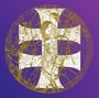 Text ist nicht ersichtlich. Eine Illustration zeigt ein Kreuz und zwei stilisierte Figuren in goldener Verzierung auf violettem Grund.