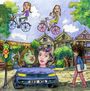 Text auf dem Nummernschild: "BRD NTS". Cartoon-Stil: Menschen auf Fahrrädern, ein Auto, Häuser und ein Fußgänger.