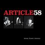 Text: "ARTICLE 58" oben, "Echoes, Thrash & Harmony" unten. Drei Männer spielen Instrumente in Schwarz-Weiß.
