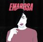 Text: "EMAROSA peach club". Illustration: Frau mit Zigarette, schwarzes Haar, roter Pullover, dunkler Hintergrund.