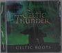 Text: "CELTIC THUNDER", "CELTIC ROOTS". Ominöse grüne Landschaft mit Schattensilhouette eines Dolmens.
